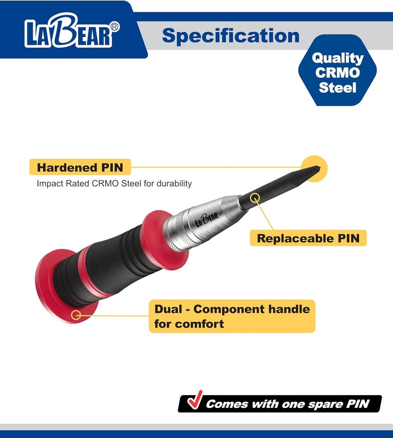 LABEAR - 6-Inch Automatic Center Hole Punch with Adjustable One-Handed Spring Impact, Chrome-Plated Shank, and Premium S2 Steel Tip - Image 3